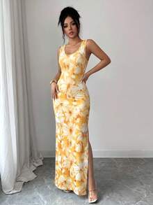 SHEIN Elenzya Exquisite Printed Chinoiserie Waist-Cinching Slit Luxurious Retro Middle Eastern UAE Style Robe, Tight Fit, Multi-Color, Sleeveless - Yellow - View 5