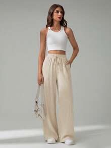SHEIN Tall CURVE Plus Size Casual Solid Color Loose Pants - Apricot - View 5