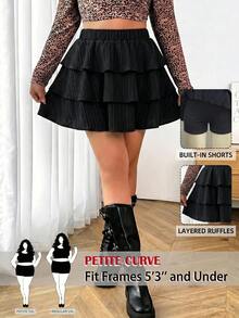SHEIN PETITE CURVE CURVE 大尺碼女款小個子黑色可愛夏季教師純色多層裙褲，高腰優雅嘉年華派對 - 黑色 - 查看 1