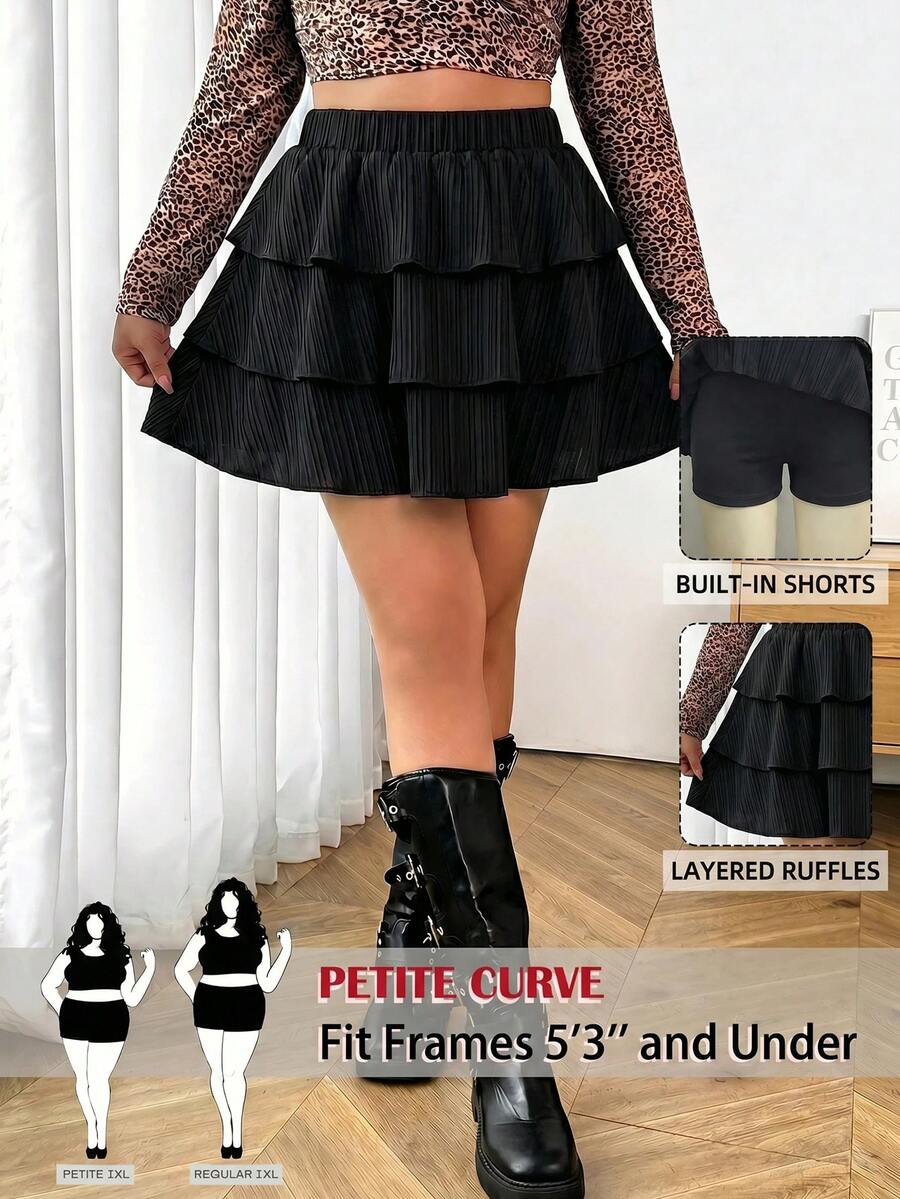 SHEIN PETITE CURVE CURVE 大尺碼女款小個子黑色可愛夏季教師純色多層裙褲,高腰優雅嘉年華派對 - 黑色 - 查看 1