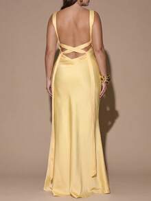SHEIN Tall CURVE 大码优雅性感纯色深V领露背鱼尾连衣裙 - 淡黃色 - 查看 8