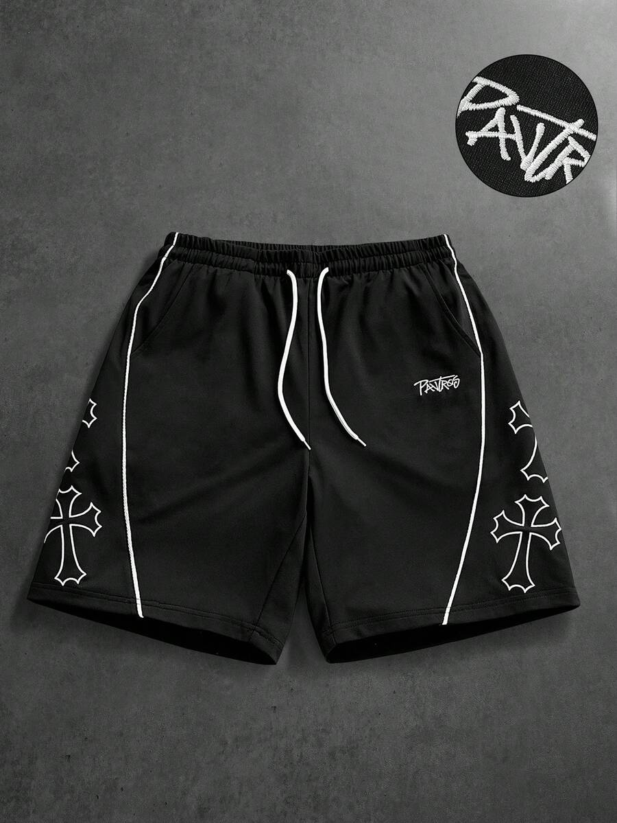 PAVTROS Men's Summer Casual Sports Cross Embroidery Drawstring Waist Shorts, Holiday - Black - View 1