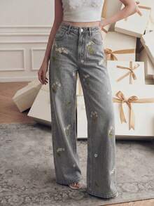 Anewsta Jeans de pierna recta con bordado floral - Gris - Ver 6