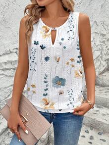 Breezaya Áo tank top không tay cổ khoét lỗ thêu họa tiết jacquard dành cho nữ, thích hợp cho mùa xuân/hè, phong cách thường ngày. - trắng - Xem 4