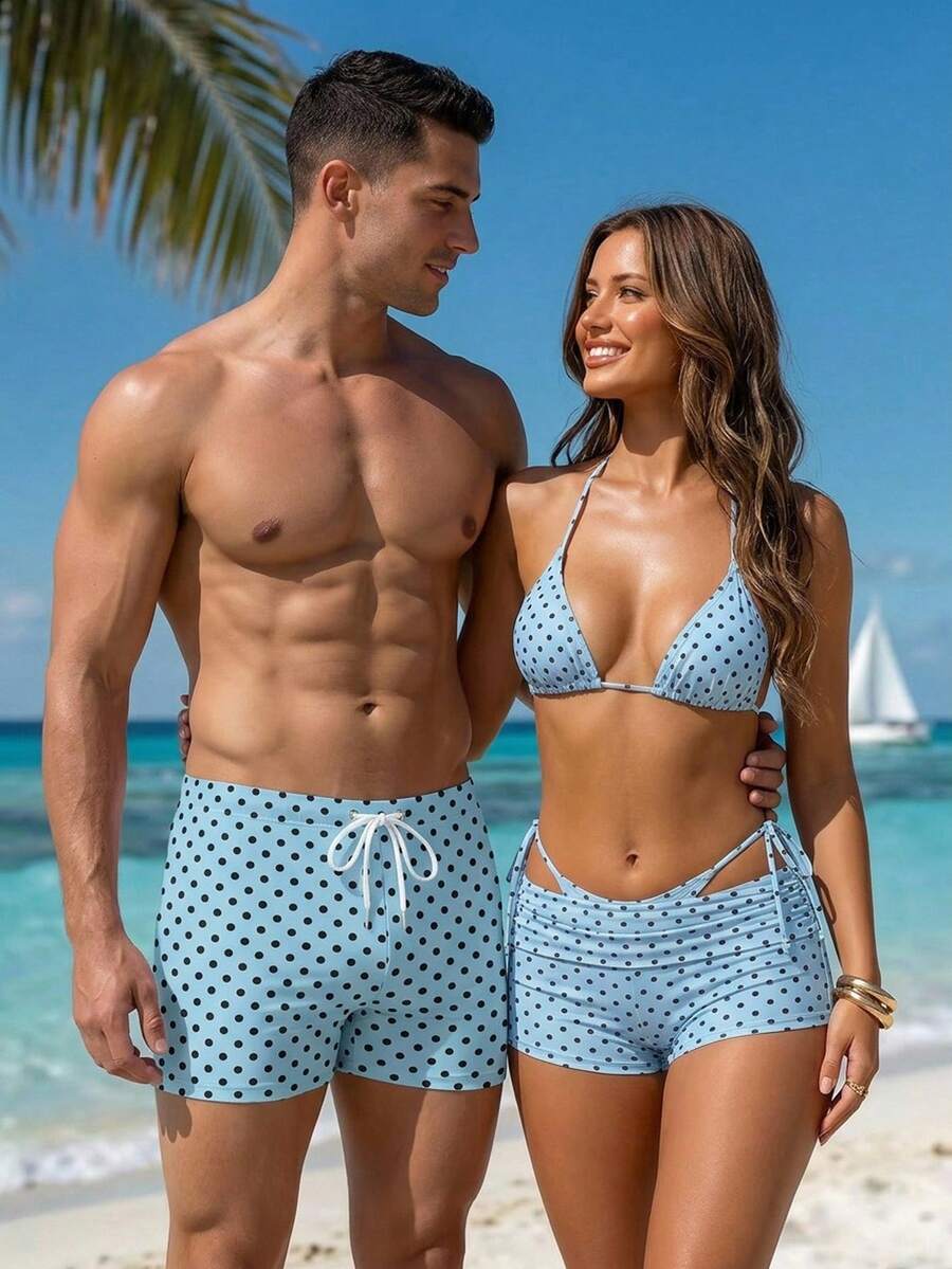 Manfinity Swimmode 男士海軍藍波點夏季休閒沙灘度假方型泳褲,情侶款對游泳衣,男女款夏威夷風 - 藍色 - 查看 1
