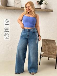 SHEIN 大尺碼 100% 純棉高腰不對稱原邊寬腿牛仔褲，鑲鑽裝飾，Y2K 風格女款夏季服飾 - 中等水洗藍 - 查看 1