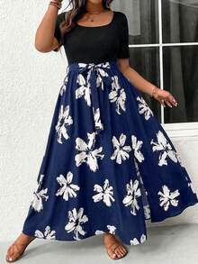SHEIN Frenchy Vestido corto de manga corta de unicolor con parches de estampado de leopardo para uso diario para mujeres de talla grande, ropa de otoño - Azul - Ver 4