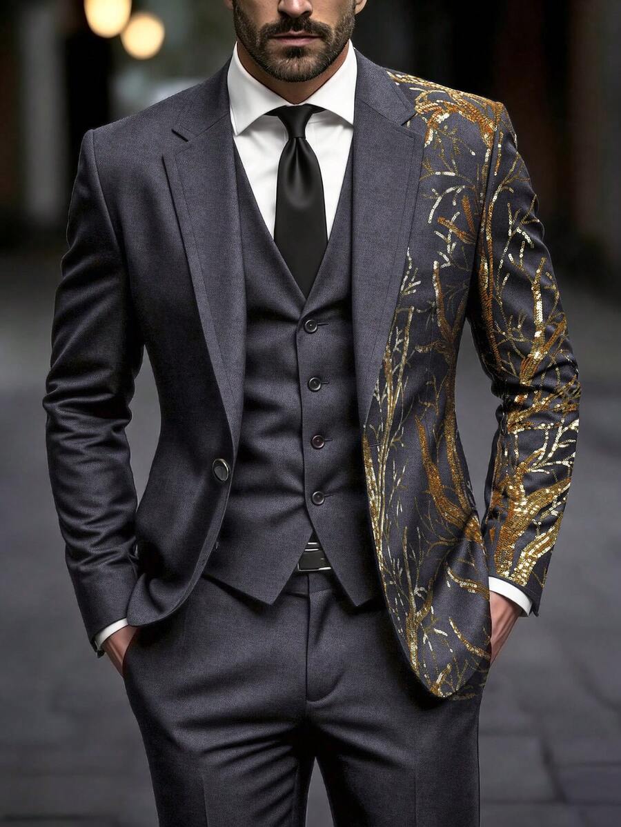 Manfinity Bizformal 男士亮片細節拼接鈕扣長袖西裝外套與口袋長褲正式套裝,儀式用 - 深灰色 - 查看 1