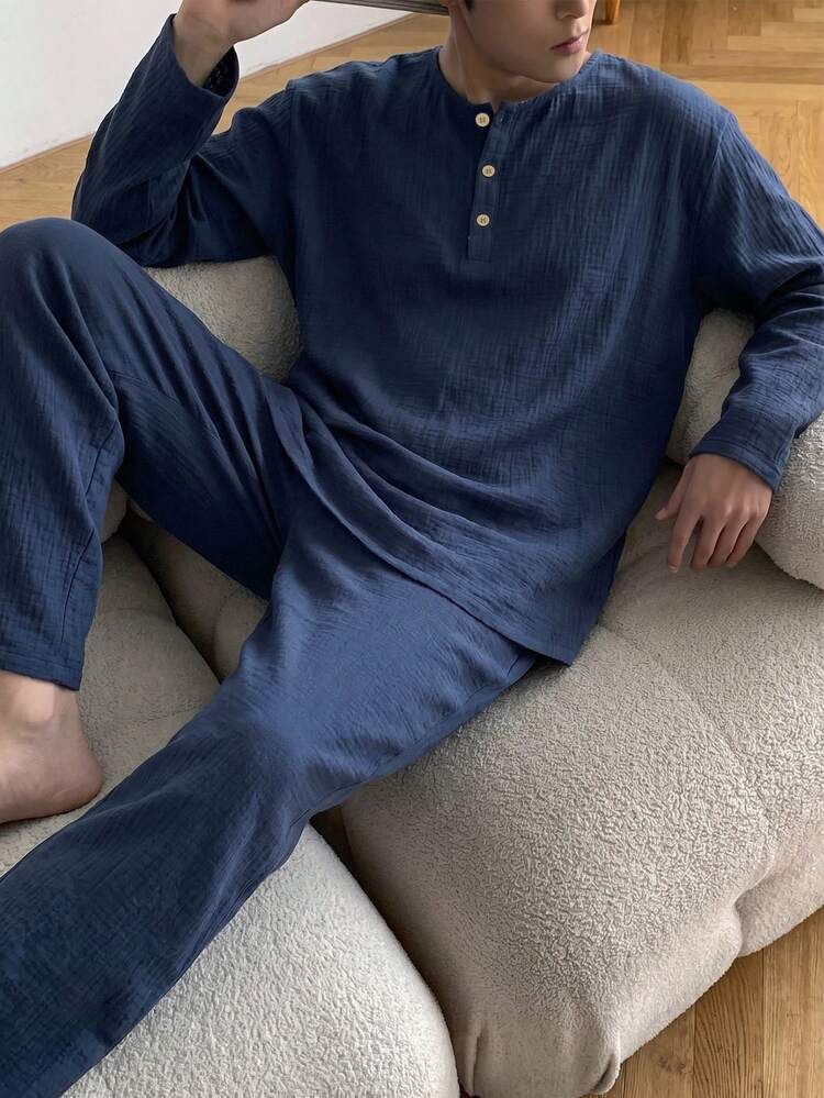 Navy Blue Long Sleeve Pajama Set With Pants For Men Summer