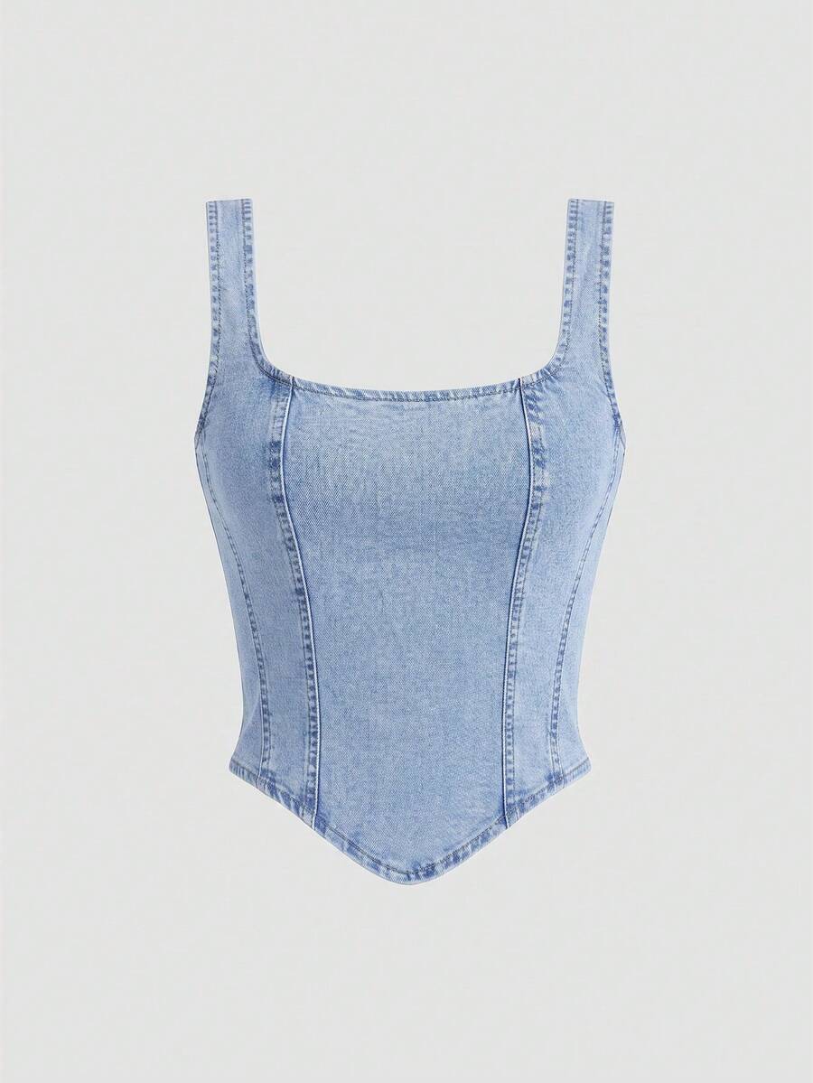 SHEIN MOD 女士纯色休闲牛仔上衣 - 淺色水洗藍 - 查看 1