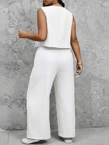 SHEIN Tall CURVE 大码纹理单排扣马甲和宽松阔腿裤休闲两件套 - 白色 - 查看 2