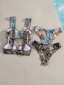 Swim Vcay 女士夏季野性豹纹斑马纹拼接方领宽肩带U型扣高腰显瘦沙滩度假性感比基尼套装 - 彩色 - 查看 2