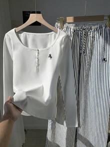 Comfortcana Women's Summer Blue And White Stripe 2-Piece Set,Casual Lounge Button Top & Embroidered Pants Outfit,Navy Blue Beach,Thanksgiving,Christmas Apparel - Navy Blue - View 7