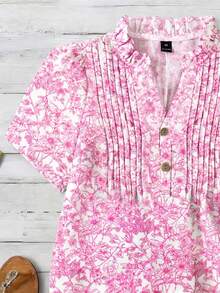 Franclia Plus Size Heart Print Fabric Ruffle Collar V-Neck Front Opening Puff Sleeve Short Sleeve Women Blouse, Suitable For Valentine's Day - Pink - View 3