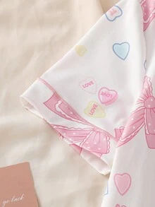 Bộ đồ ngủ tay ngắn và quần short in hình nơ và trái tim dễ thương - Nhiều màu - Xem 5