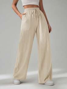 SHEIN Tall CURVE Plus Size Casual Solid Color Loose Pants - Apricot - View 3
