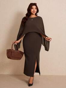 Elaquor Plus Size Women Elegant Solid Color Party Split Dress - Coffee Brown - View 1