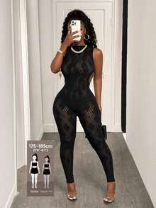 SHEIN Tall 女士性感镂空露背紧身连体裤 - 黑色 - 查看 1