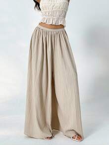 SHEIN Tall CURVE CURVE 大尺碼女款高個女孩米色秋季波希米亞風傳統希臘女神休閒優雅度假假日紋理寬鬆闊腿褲 - 杏色 - 查看 5
