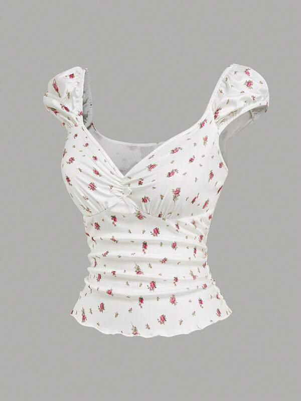 Sweetra Camiseta de mujer talla grande con estampado floral diminuto, diseño fruncido en el pecho, casual y linda, cómoda para primavera/verano