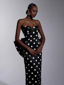 Elitara Elegant Luxurious Polka Dot Digital Print Satin Handmade Big Bow Decor Strapless Straight Dress, Reference For Women's Formal Evening Gown - Black and White - View 7