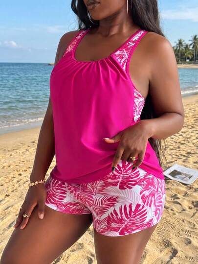 Swim Lushoire Plus Size Women Random Print Tankini Swimsuit Dress For Summer Beach Vacation