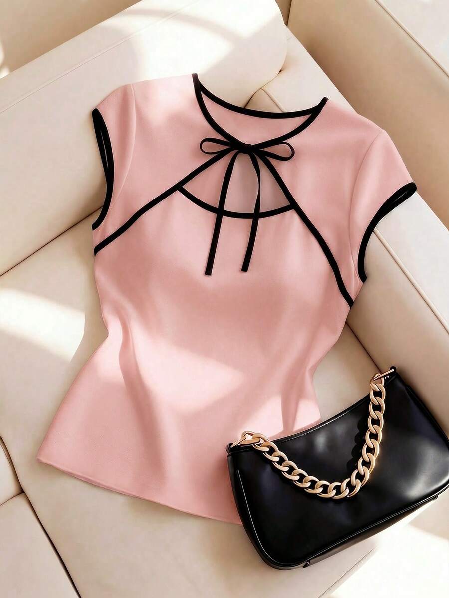 INAWLY Áo croptop tay ngắn kiểu Trung Quốc mới, phối màu tương phản, thắt dây, dành cho nữ, chất liệu jacquard, xuyên thấu, ôm sát, gợi cảm. - Hồng - Xem 1