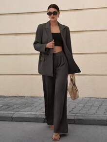 EURMUSE Fashionable Commuter Solid Color Jacket And Pants Suit - Brown - View 4
