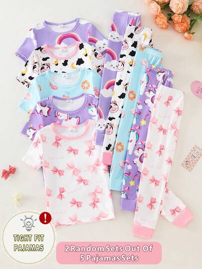 [Random 2 Out Of 5 Sets] Baby Girls & Toddlers Short Sleeve Shorts Crew Neck Pajama Sets, Spring/Summer, Donut, Cow, Rainbow, Bow Print, Knit Stretchy Soft Comfortable Homewear