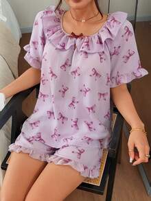 DAZY Women's Summer Butterfly Print Ruffle Trim Loose Short Sleeve Top And Shorts Pajama Set - Purple - View 4