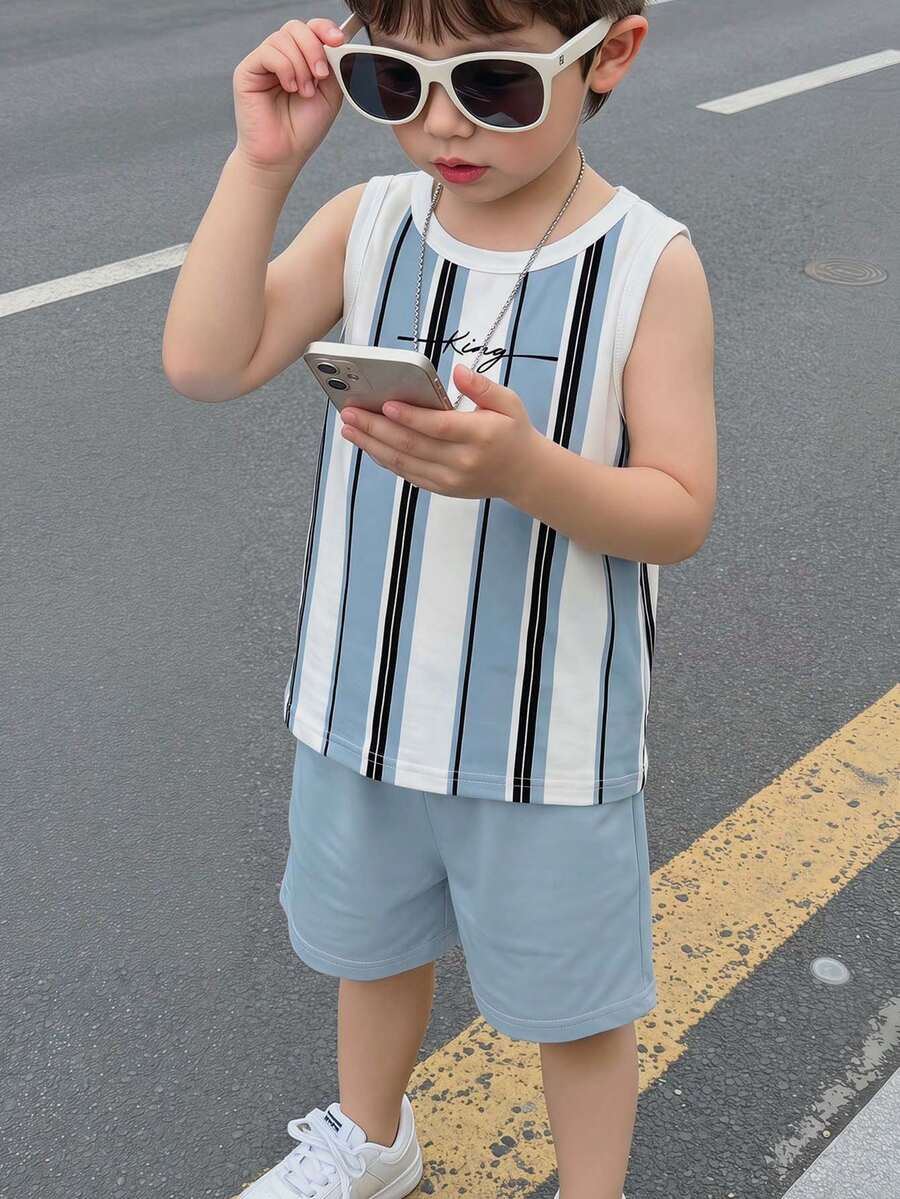 两件套男童休闲条纹国王图案背心短裤套装,适合夏季穿着,适合街拍、日常穿着、外出、居家、度假,春夏时尚,夏季穿搭,舒适透气,适合儿童叠穿,时尚童装,休闲服饰,儿童运动学院 - 彩色 - 查看 1