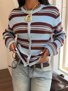 SHEIN EZwear 女士休闲度假通勤撞色条纹单排扣开衫，秋冬款 - 彩色 - 查看 8