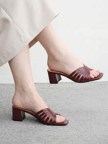 CUCCOO BIZCHIC Ladies Burgundy Crossed High Heel Sandals, Square Toe Comfort High Heel Sandals Commuter Style Sandals - Burgundy - View 1