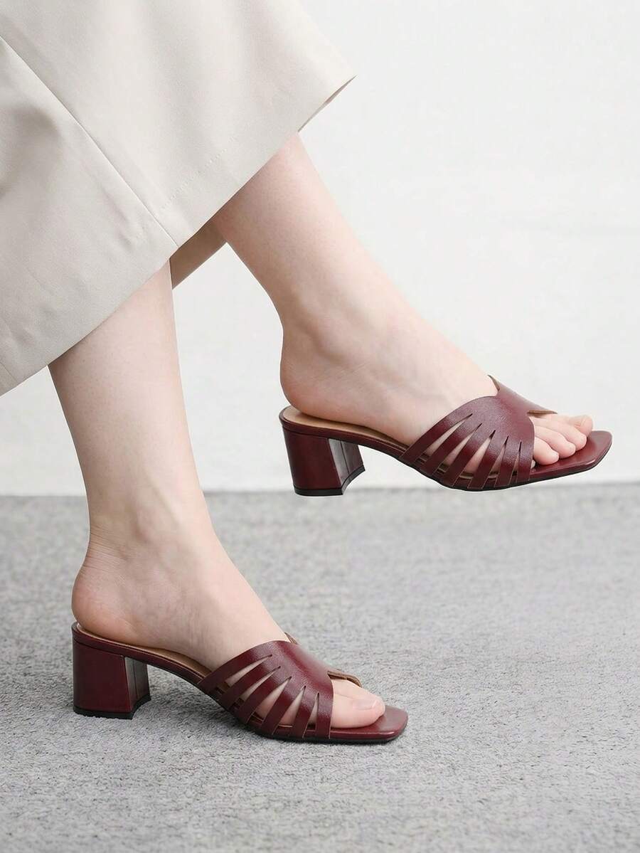 CUCCOO BIZCHIC Ladies Burgundy Crossed High Heel Sandals, Square Toe Comfort High Heel Sandals Commuter Style Sandals - Burgundy - View 1