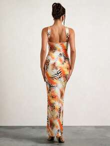 Glamine Leopard Muster Farbverlauf Träger Bandeau Maxikleid, geraffter Bodycon elegantes Abendkleid, Geburtstagsparty Outfit, Hochzeitsgast Outfit, Musikfestival, Outdoor Party, Open-Air Auftritt Outfit, Nachmittags-Tee mit Freundinnen Outfit, Sommer Strandurlaub Outfit, Reise Fotoshooting Outfit, Preisverleihung Veranstaltung Outfit, Modisches Blumen Element, Jahrestags-Date Outfit - Verschiedenfarbig - Übersicht 2