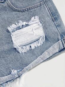 ROMWE Grunge Punk Shorts vaqueros rotos y con puños de estilo casual y de moda para mujer, adecuados para el uso diario en verano - Celeste - Ver 4