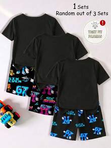 [3 Bộ Ngẫu nhiên, 1 Bộ được gửi] Bộ đồ ngủ cho bé trai, kiểu dáng thời trang xuân/hè mới, họa tiết nổ phát sáng kỹ thuật số Element 67, chất liệu vải dệt kim co giãn cao, tay ngắn và quần short, bộ 2 món. (Cần tiếp xúc với tia UV để phát sáng) - màu đen - Xem 2