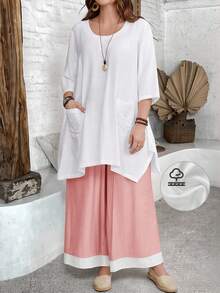 EMERY ROSE Plus Size Casual Solid Color Shirt And Contrast Color Pants 2 Pieces Set Fall - Pink - View 1