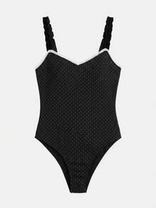 lacRébo Bodysuit Rajut Polkadot Hitam, Garis Leher Berbentuk Hati, Desain Tali Bahu Berkerut, Hiasan Renda, Gaya Vintage Prancis, Cocok Untuk Musim Semi Dan Musim Panas - Hitam - View 8