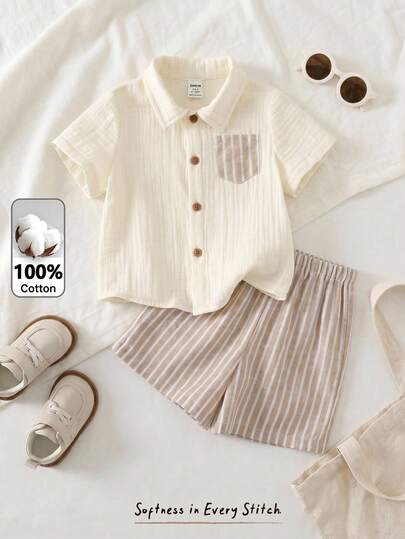 Cozy Pixies 2pcs Baby Boy Colorblock Striped Patch Pocket Turndown Collar Short Sleeve Shirt & Elastic Waist Shorts Set