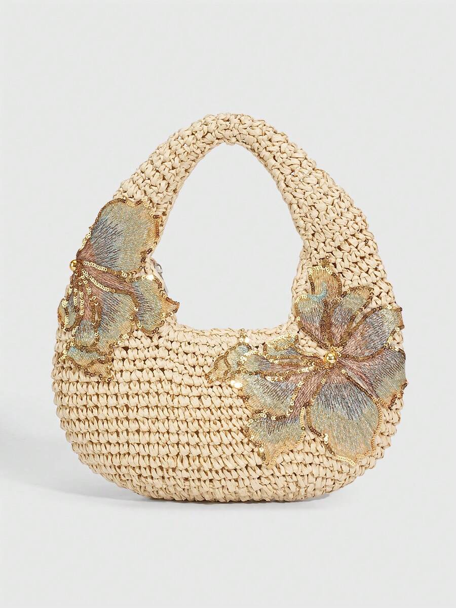 SHECARRY 1Pc Fashion Spring Summer Sequin Flower Vacation Style Crescent Bag, Straw Beach Bag, Casual Handbag, Tropical Flower Starfish Shell Decorated Handbag - Multicolor 1 - View 1