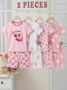 SHEIN 两件套少女可爱图案针织圆领紧身T恤和短裤睡衣套装 - 彩色 - 查看 3