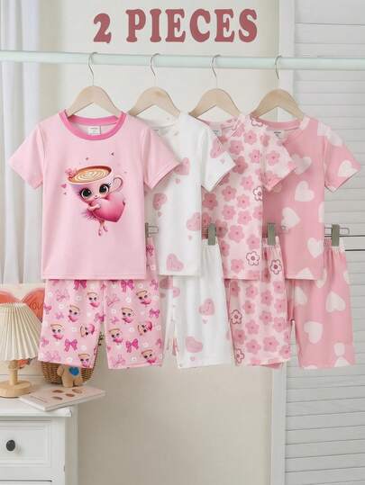 SHEIN 两件套少女可爱图案针织圆领紧身T恤和短裤睡衣套装