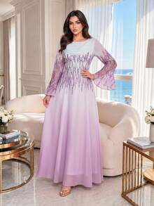 SHEIN Lady CURVE Đầm dài tay xòe thanh lịch cỡ lớn - Màu tím - Xem 9