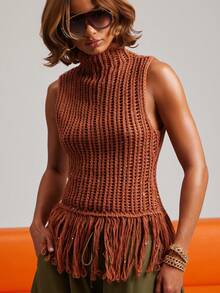 NYA SZN Stricktop mit Pailletten, Stehkragen, Fransen, ärmellos, Lagenlook, einzigartig, Brunch, lässig, Alltag, Ausgehen, Party, besondere Anlässe, Reisen, Urlaub, Büro, Western, Country, Date-Night, elegant, luxuriös, Business lässig, Event, Alltag, Hochzeit, Büro, Gyaru, Street Style, Frühling/Sommer, Statement, einzigartige Brautparty-Outfits für Damen - Braun - Übersicht 2
