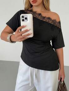 Auralis Plus Size Summer Casual Curve Elegant Solid Color Lace Patchwork Asymmetrical Shoulder Bodycon T-Shirt Trim Black For Women Off Cocktail - Black - View 1