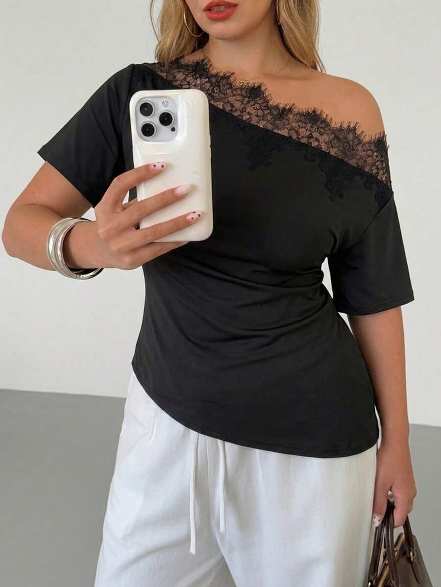 Auralis Plus Size Summer Casual Curve Elegant Solid Color Lace Patchwork Asymmetrical Shoulder Bodycon T-Shirt Trim Black For Women Off Cocktail - Black - View 1