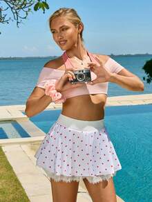 Fluxe Women's Summer Fashion Heart Print Contrast Lace Sports Mini Skirt - White - View 4
