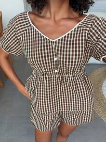 Livesso Women's Vintage Plaid Puff Sleeve Top And Shorts Pajama Set, Summer - Coffee Brown - View 5
