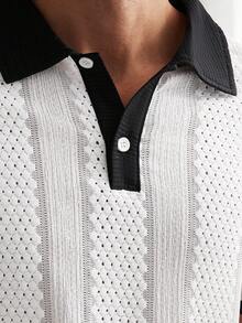 Calvornis Men's Knitted Jacquard Cuff & Collar Contrast Color Casual Business Short Sleeve Polo Shirt, Formal - White - View 3